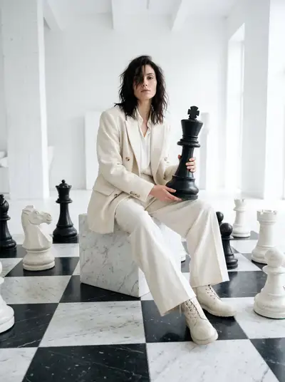 Chess themed fashion portrait in white space