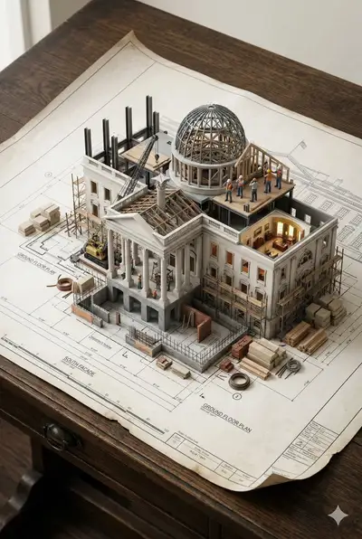 Building Blueprint Emerging as Miniature Construction