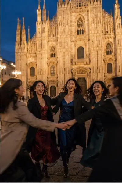 Groupe d'amies tournoyant à l'heure bleue sur la place de Milan