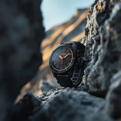 Chronograph watch macro shot between rock formations