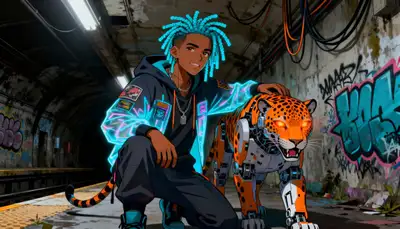 Cyberpunk Street Artist with Robotic Jaguar
