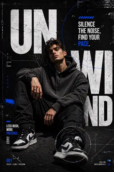 Affiche urbaine à fort contraste de streetwear avec typographie audacieuse UNWIND