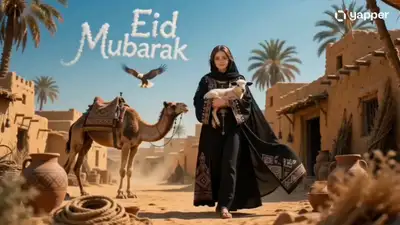 Cinematic Desert Portrait with Eid Mubarak Clouds