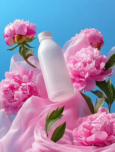 Foto de producto de botella flotante con peonías rosas