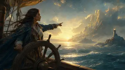 Cinematic fable concept art of a ship's navigator at sunrise