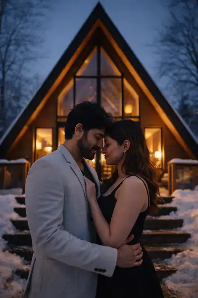 Prompt de retrato cinematográfico de casal numa cabana de inverno