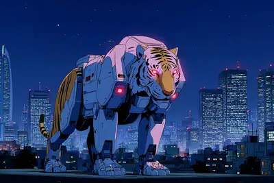 Robotic Tiger on Neon City Rooftop Animation
