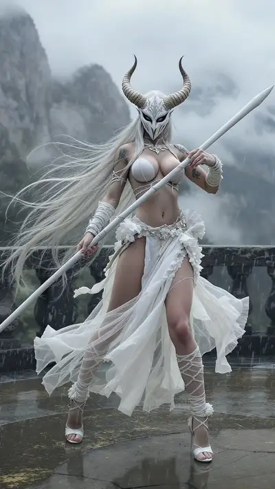 Cosplay de Guerreira Feminina em Plataforma de Pedra