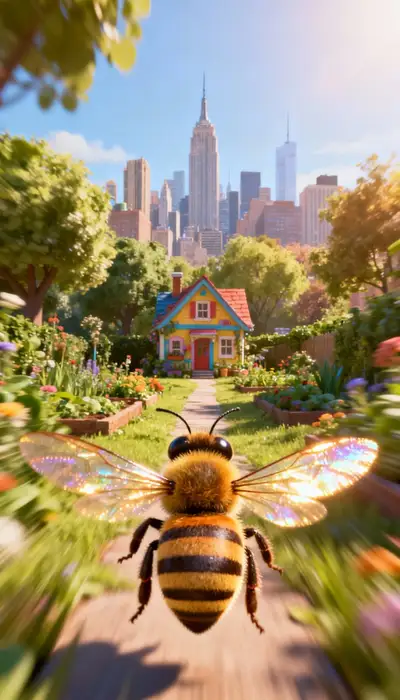 Cinematic 3D Shot of a Bee Flying Through a Park