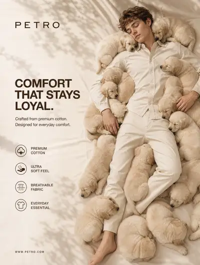 PETRO cream cotton loungewear puppy campaign ad