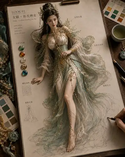 Mythical Chinese costume design sketch coming to life