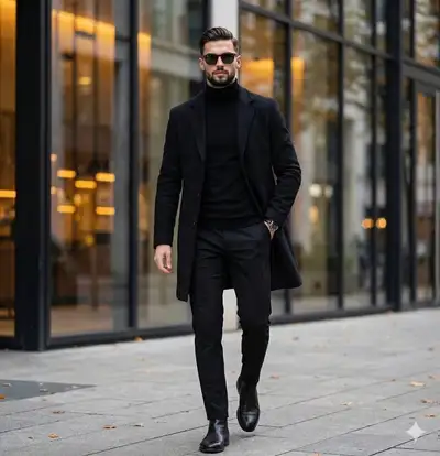 Street style photo of a man walking in an all-black winter outfit