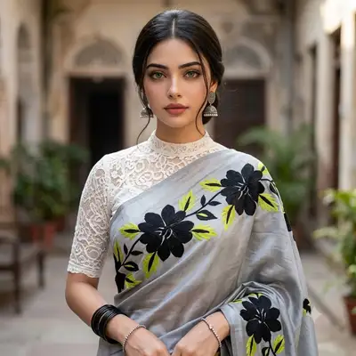 Ultra-realistic South Asian Woman in Grey Silk Saree