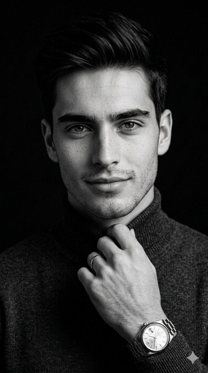 Black and white top-light turtleneck portrait