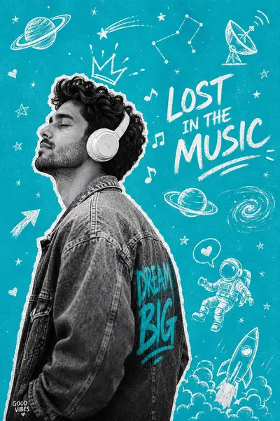 B&W Cutout Poster with Teal Doodle Universe