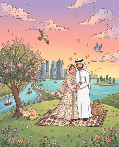 Qatar Sunset Romance Cinematic Illustration