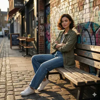 Cinematic street portrait of a woman on a wooden bench