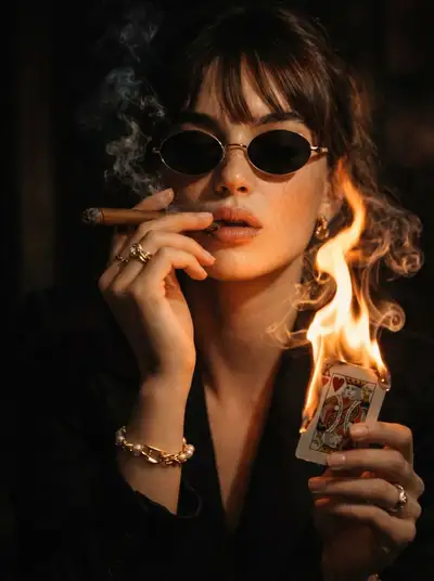 Moody Noir Portrait with Fire and Playing Card