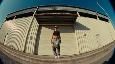 Micro-filme de ação fashion com lente olho de peixe fora de um galpão (Seedance 2.0)