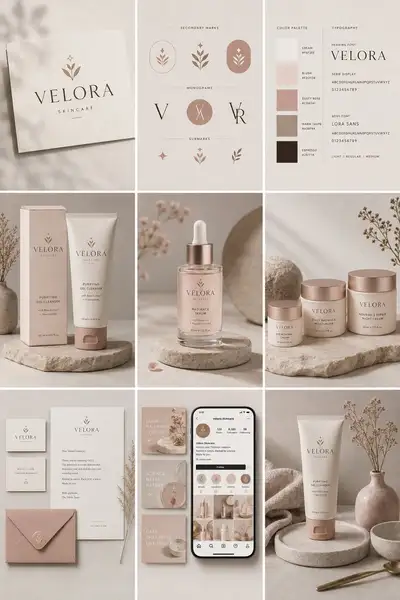 Complete VELORA Skincare Brand Identity Presentation Grid