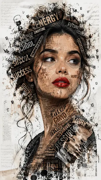 Typographic word-mosaic portrait of a woman