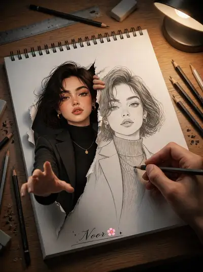 Mulher emergindo de uma página rasgada de um caderno de esboços, metade esboço metade real