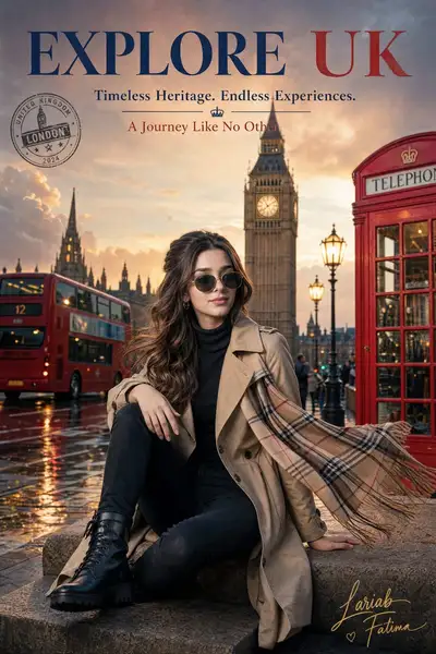 Póster editorial de viajes cinematográfico del Reino Unido con foto de referencia de embajador