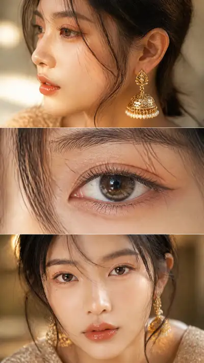 Three-Frame Editorial Beauty Collage With Natural Skin Texture
