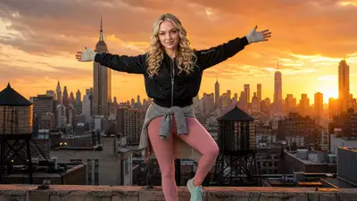 Pose heroica em um terraço de Nova York na hora dourada