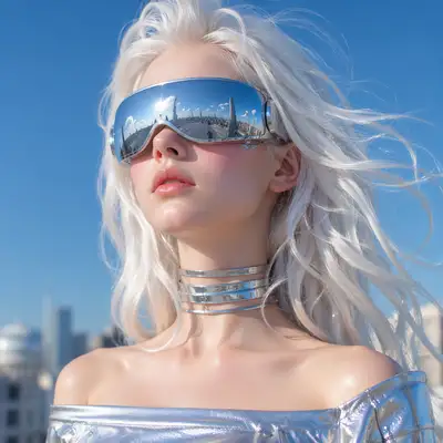 Cyberpunk girl bust portrait with silver reflective goggles