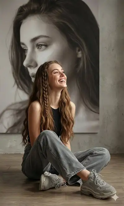 Elegant floor-seated portrait with mirrored profile backdrop