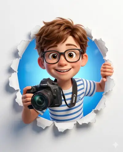 3D cartoon character emerging through torn paper with camera