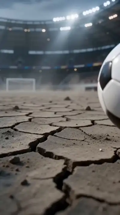 Soccer ball bouncing on a cracked desert stadium field