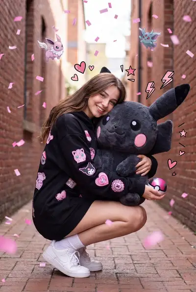 Kawaii pastel pink alley portrait with plush toy
