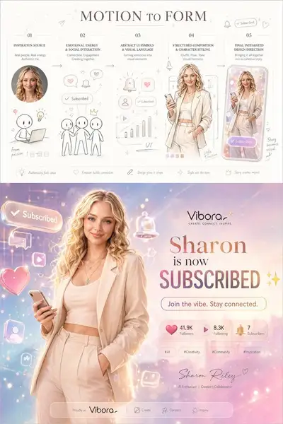 Concept-to-form process diagram plus glowing ad poster