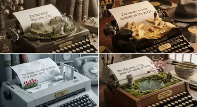 Typewriter page transforming into a 3D poetic landscape diorama