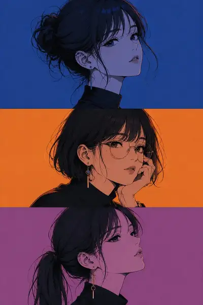 Three-panel anime triptych portrait with changing hairstyles
