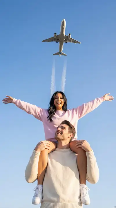 Cinematic Travel Couple with Airplane Overhead