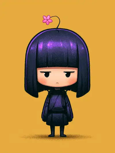 Schläfriges Chibi-Charakter mit Blume auf goldenem Hintergrund