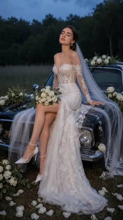 Vintage-Braut auf Limousine zur Blauen Stunde