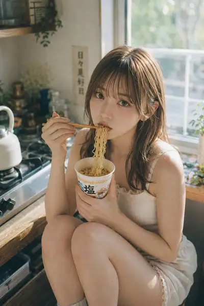 Cozy kitchen portrait of a woman eating instant noodles