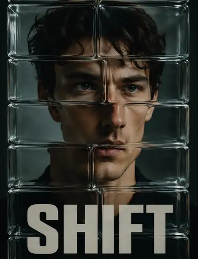 Portrait fragmented through stacked glass bricks