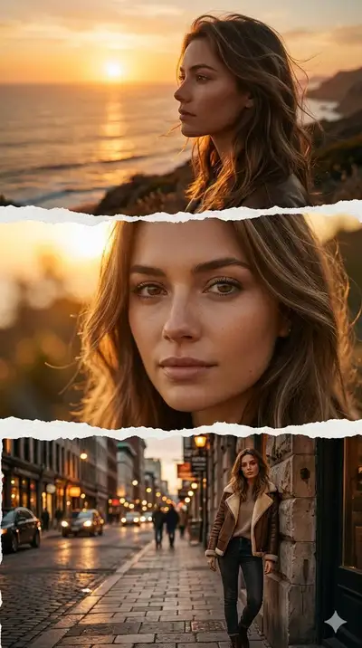 Cinematic Collage of Woman at Sunset