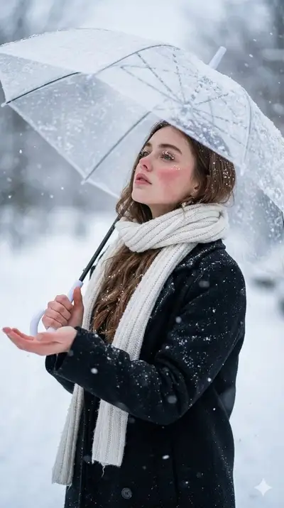 Cinematic winter portrait with umbrella in falling snow