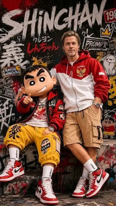 街头服饰涂鸦场景，含吉祥物角色和名人