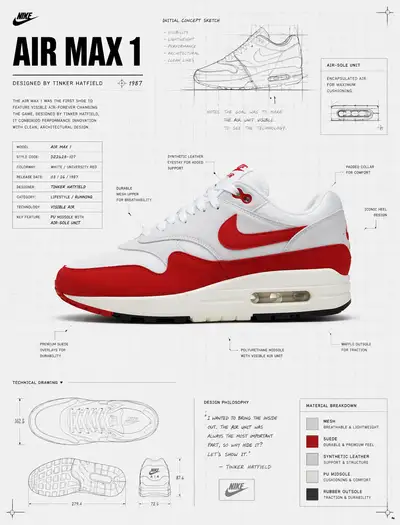 Nike Air Max 1 sneaker technical blueprint product shot