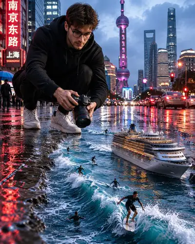 Fotógrafo gigante en perspectiva forzada sobre una calle oceánica en miniatura