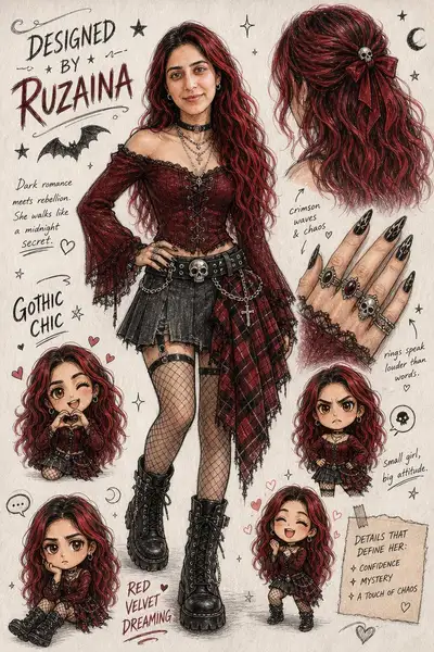 Lámina de bocetos de moda anime gótica con dibujos chibi
