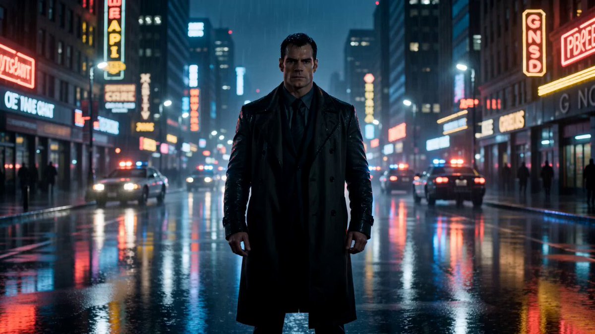Rain-soaked neon city street cinematic scene