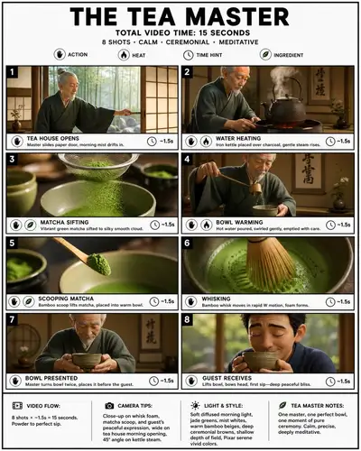 Pixar-style tea ceremony 8-panel video storyboard poster